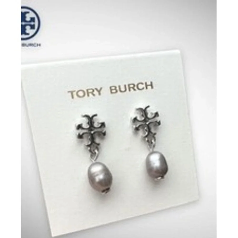 Tory Burch Logo Pearl Drop Down Earrings in Silver / Dustbag Included